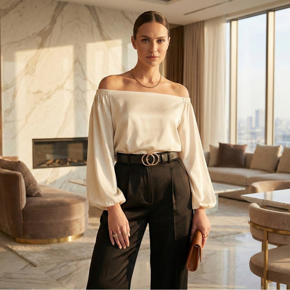 Chic Black Belt with Gold Interlocking Circle Buckle New